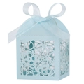 Detail view of light blue laser-cut wedding candy box with elegant floral hollow pattern - 5*5*8CM / Pearl Pale Blue