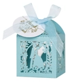 Laser-cut light blue wedding favor box with ribbon and Thank You tag detail - Tiffany Blue