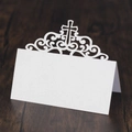 Detail of laser-cut cross and floral pattern on white pearlescent paper table card - 10*10CM / White