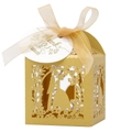 Detailed laser-cut gold wedding favor box with bride and groom silhouette and ribbon - Gold