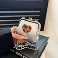 Mini sac bandoulière argenté avec cœur léopard et chaîne à perles argentées élégante - Style Cœur / Argenté