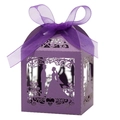 Detail of laser-cut purple gift box with romantic wedding silhouette and ribbon - Dark Purple