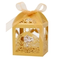 Detailed laser-cut peacock pattern on golden wedding candy box with a ribbon bow - Gold