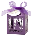 Elegant purple laser cut wedding candy box with bride groom silhouette and silk ribbon - 5*5*8CM / Dark Purple