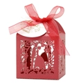Detail of red hollow laser-cut wedding candy box with bride groom silhouette and ribbon - Pearlescent Red