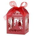 Detail of red laser-cut wedding candy box with bride and groom silhouette and ribbon - Pearlescent Red