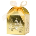 Goldene lasergeschnittene Weihnachtsbaum-Geschenkbox mit glitzernder champagnerfarbener Schleife - 5*5*8CM / Reflektierendes Gold
