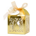 Golden laser-cut wedding favor box with ribbon and Thank You tag on white background - Reflective Gold