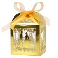Golden laser-cut wedding favor box with heart silhouettes and a yellow organza ribbon bow - Reflective Gold