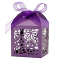 Elegant purple laser-cut wedding favor box with floral patterns and a ribbon bow - 5*5*8CM / Dark Purple