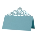 Close-up of laser-cut cross table card with intricate floral patterns in light blue - 10*10CM / Tiffany Blue
