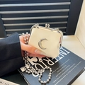 Mini cream leather kiss-lock coin purse with silver moon charm and bead chain strap - Crescent Style / White
