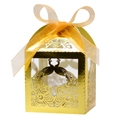 Detail showing laser-cut peacock pattern on golden wedding candy box with ribbon - Reflective Gold