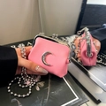 Pink leather mini crossbody pouch with silver crescent moon buckle and chain strap - Crescent Style / Pink