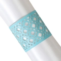Light blue laser-cut hollow napkin ring with geometric lace pattern on white satin - Tiffany Blue