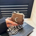 Brown leather mini kiss-lock coin purse with silver crescent clasp and chain strap - Crescent Style / Brown
