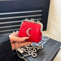 Mini red leather crossbody coin purse with silver moon buckle and chain strap - Crescent Style / Red