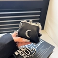 Mini black crossbody coin purse with silver moon accent and bead chain strap - Crescent Style / Black