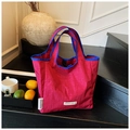 Sac fourre-tout en toile rose avec bordure bleue et double poignée pour femme - Bordeaux