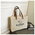 Grand sac cabas en paille tressée beige avec motif palmier noir et broderie Summer - Blanc