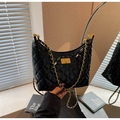 Black quilted glossy leather shoulder bag with gold chain strap and turn-lock closure - Black