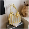 Sac fourre-tout en maille à rayures verticales jaune et blanc avec longues poignées d'épaule - Jaune