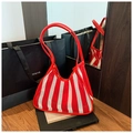 Sac fourre-tout en maille rayée rouge et blanc avec anses en similicuir pour l'été et plage - Rouge