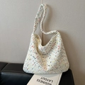 White knitted shoulder bag with colorful polka dots and a wide comfortable strap - Colorful Polka Dots