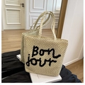 Sac fourre-tout Bonjour en paille tressée beige avec broderie noire pour style plage - Blanc