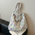 Jollyhouse colorful knit tote bag featuring a pink, yellow, and blue woven pattern - Pink and Navy Blue