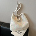 Rainbow macaron knitted tote bag in soft pastel colors with a spacious shoulder design - Pink and Light Blue