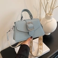 Light blue lychee pattern handbag with elegant jacquard shoulder strap and silver buckle - Blue