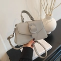 Graue Trapez-Handtasche aus Kunstleder mit Litschi-Maserung und silberner Metallschnalle - Grau