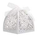 Detailed view of white laser-cut floral wedding candy box with elegant organza ribbon bow - White
