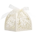 Detailed laser-cut floral pattern on a white pearlescent paper candy gift box with ribbon - Ivory