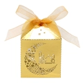 Macro detail of laser-cut moon and mosque pattern on golden hollow gift box with ribbon - Reflective Gold / 5*5*8CM