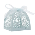 Close-up of light blue laser-cut floral favor box with a matching ribbon bow - Pearl Pale Blue