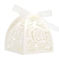 Detailed laser-cut white wedding favor box with rose patterns and a silk ribbon bow - Ivory
