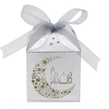 Silver crescent moon and mosque hollow candy box with heart pattern and elegant ribbon - Reflective Silver / 5*5*8CM