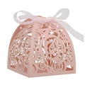 Close-up of laser-cut rose patterns on pink wedding favor box with a white ribbon bow - Pink