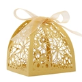 Detailed laser-cut champagne gold favor box with floral patterns and matching ribbon - Gold