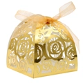 Golden laser cut rose pattern wedding favor box with an elegant silk ribbon bow - Reflective Gold