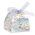 Iridescent laser cut wedding favor box with rose patterns and white ribbon bow - Mirror Iridescent