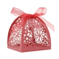 Elegant red laser cut floral wedding candy box with a decorative silk ribbon bow - Pearlescent Red