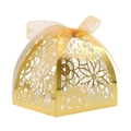 Golden laser-cut wedding candy box with floral hollow patterns and ribbon bow tie - Reflective Gold