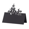 Tarjeta de mesa Halloween calada por láser con castillo negro y silueta de bruja voladora - 10*10CM / Negro