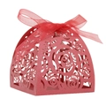 Red laser cut rose hollow favor box with satin ribbon for wedding and party gifts - Pearlescent Red