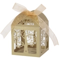 Laser cut champagne pearl paper candy box with tree and bird hollow design and ribbon - Beige Gold