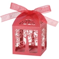 Red laser-cut hollow candy box with tree and bird patterns and a red ribbon bow - Pearlescent Red