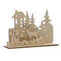 3D laser-cut wooden Christmas ornament with reindeer and village silhouette on a base - Winter Village Style (木工艺品-B)